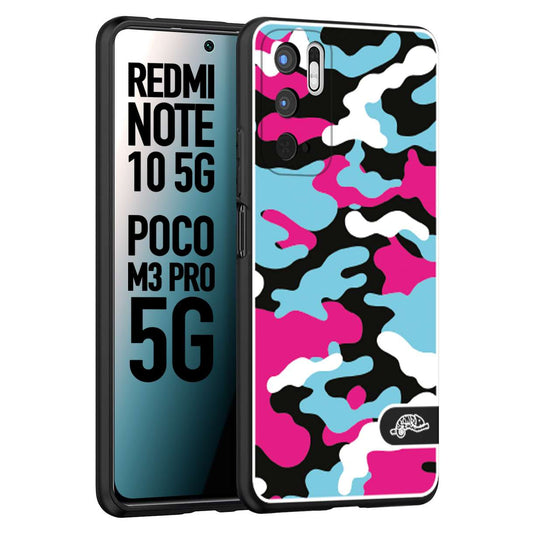 CUSTOMIZZA - Custodia cover nera morbida in tpu compatibile per Xiaomi Redmi Note 10 5G - Poco M3 Pro 5G camouflage mimetico militare fucsia celeste