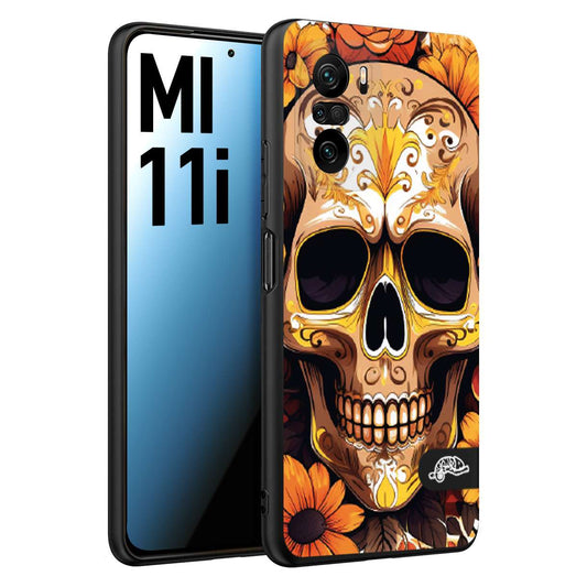 CUSTOMIZZA - Custodia cover nera morbida in tpu compatibile per Xiaomi Mi 11i teschio messicano colorato dorato fiori tattoo disegnato