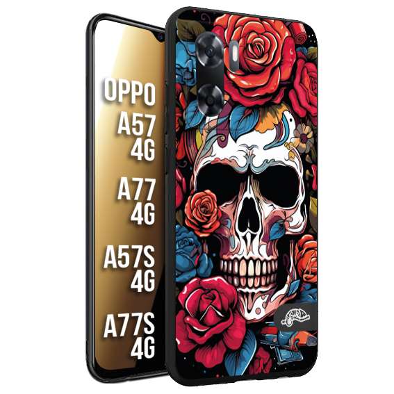 CUSTOMIZZA - Custodia cover nera morbida in tpu compatibile per Oppo A57 - A77 - A57S - A77S (4G) teschio skull flowers fiori rose rosse tattoo disegnato