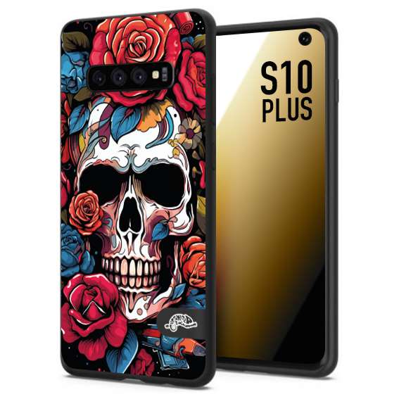 CUSTOMIZZA - Custodia cover nera morbida in tpu compatibile per Samsung S10 PLUS teschio skull flowers fiori rose rosse tattoo disegnato