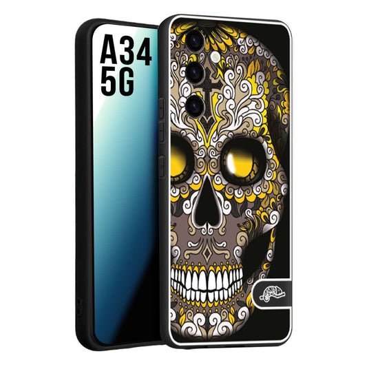 CUSTOMIZZA - Custodia cover nera morbida in tpu compatibile per Samsung A34 5G teschio messicano Mexican skull nero giallo