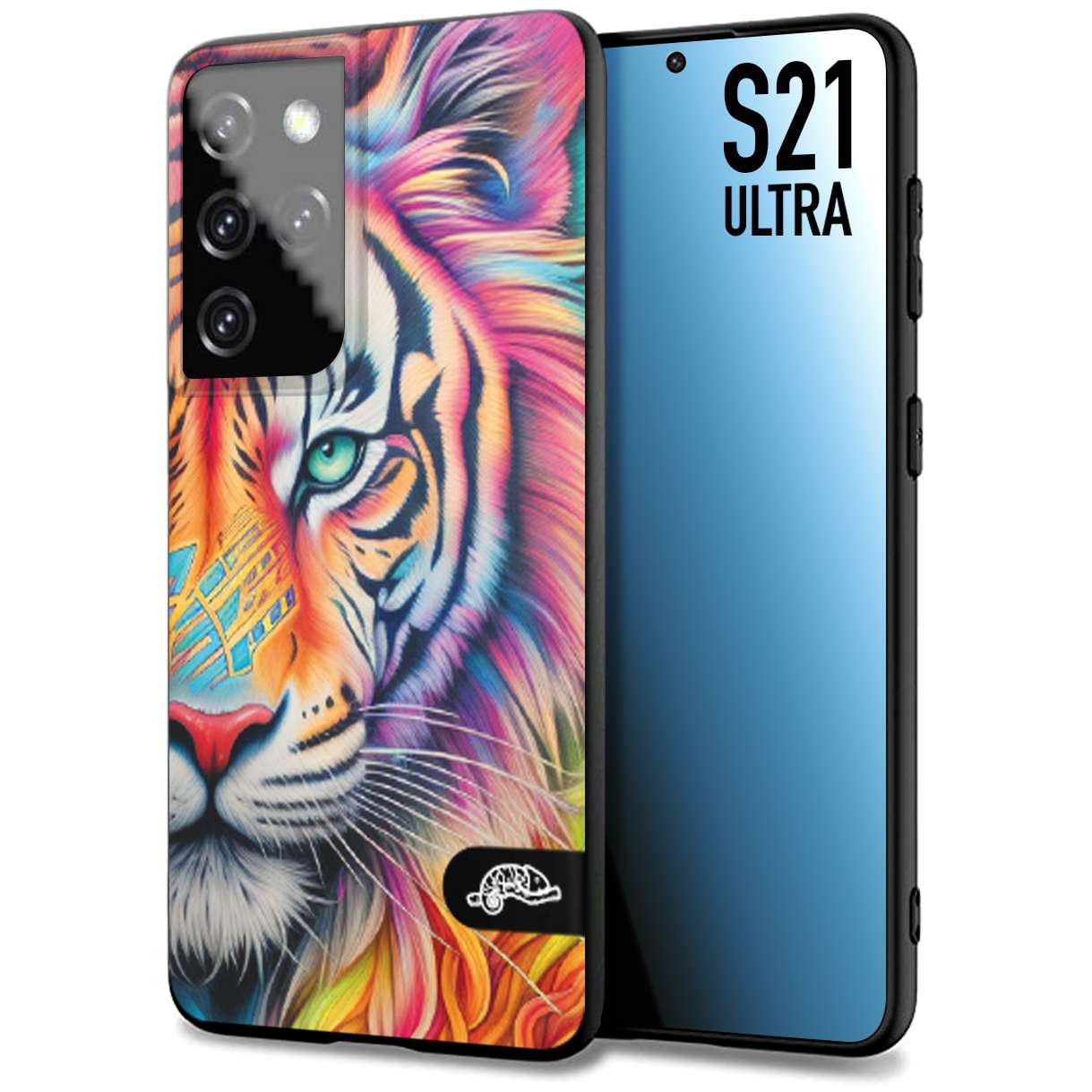 CUSTOMIZZA - Custodia cover nera morbida in tpu compatibile per Samsung S21 ULTRA animali color tigre tiger viso colori vibranti disegnato schizzo