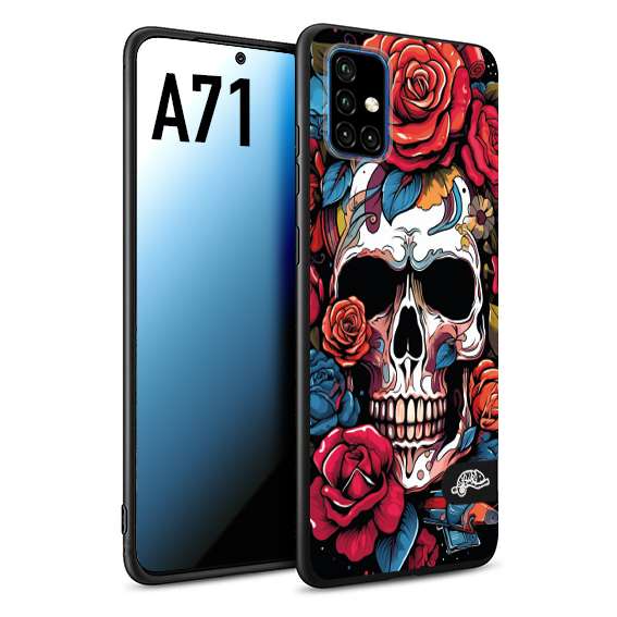 CUSTOMIZZA - Custodia cover nera morbida in tpu compatibile per Samsung A71 teschio skull flowers fiori rose rosse tattoo disegnato