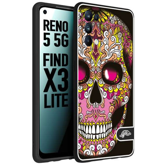 CUSTOMIZZA - Custodia cover nera morbida in tpu compatibile per Oppo Reno 5 5G teschio messicano Mexican skull rosa gialla