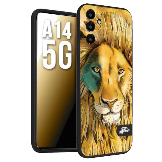 CUSTOMIZZA - Custodia cover nera morbida in tpu compatibile per Samsung A14 5G leone lion disegnato a mano giallo blu a rilievo artistico brown