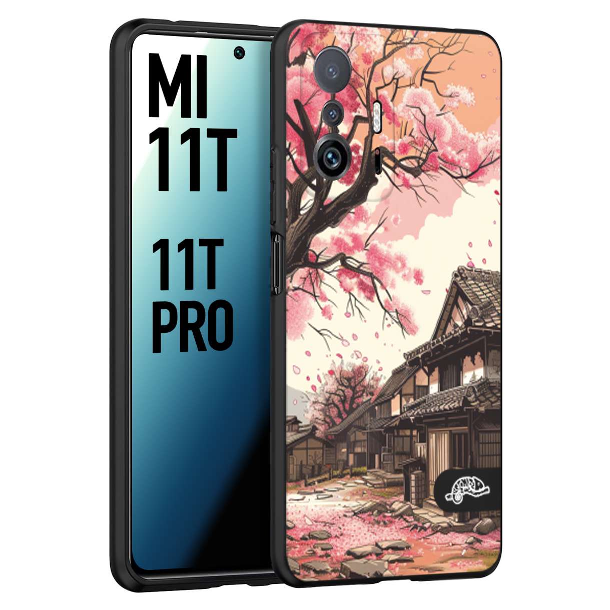 CUSTOMIZZA - Custodia cover nera morbida in tpu compatibile per Xiaomi Mi 11T - Mi 11T PRO casa giapponese rosa ciliegio in fiore disegnata tattoo