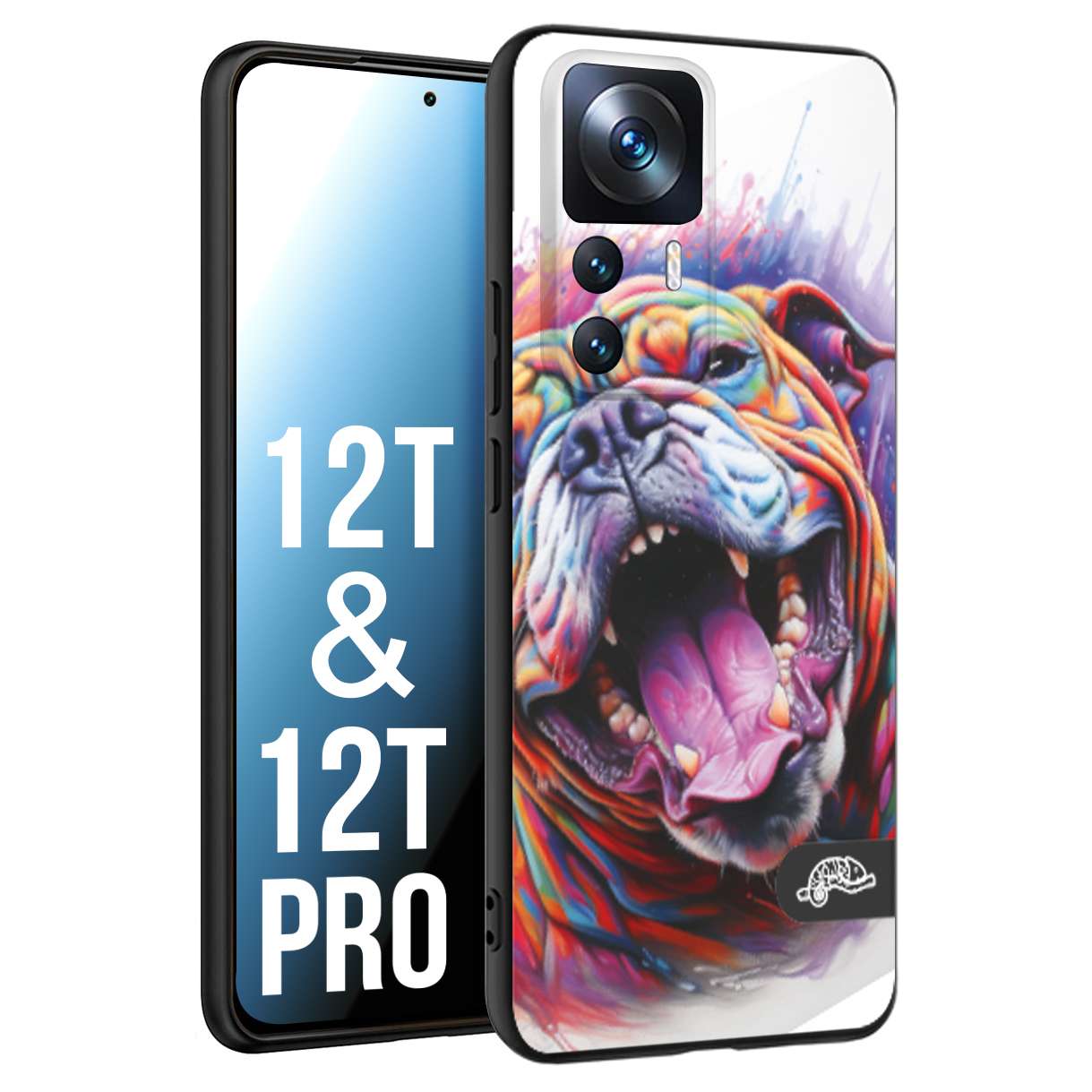 CUSTOMIZZA - Custodia cover nera morbida in tpu compatibile per Xiaomi 12T - 12T PRO animali color bulldog cane dog colori vibranti disegnato schizzo