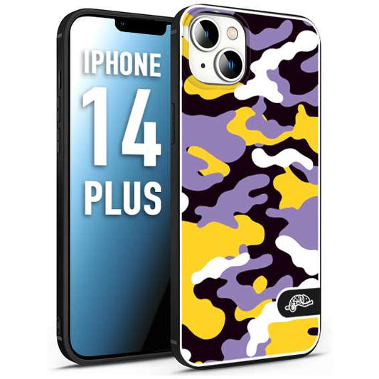 CUSTOMIZZA - Custodia cover nera morbida in tpu compatibile per iPhone 14 PLUS camouflage mimetico militare viola lilla giallo