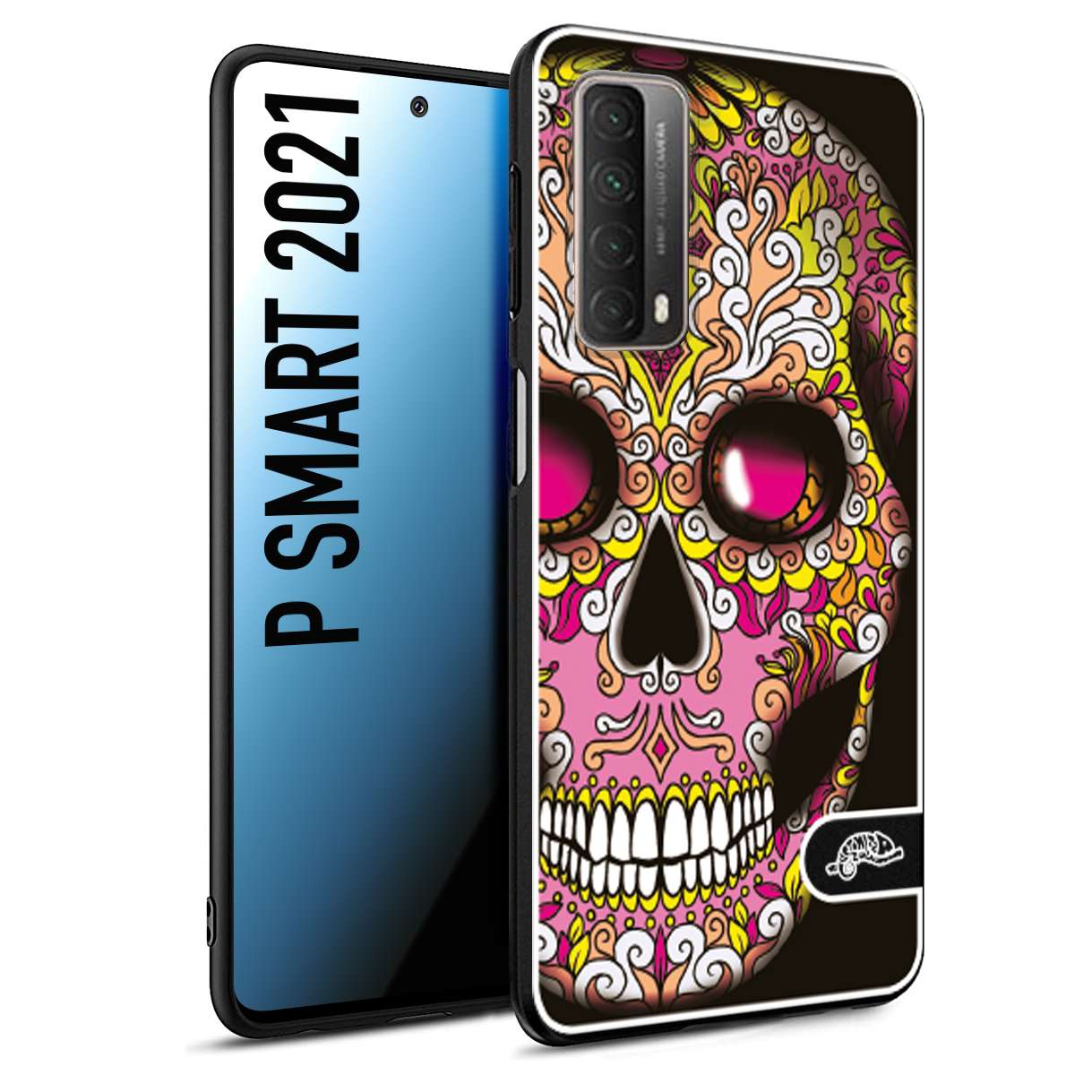 CUSTOMIZZA - Custodia cover nera morbida in tpu compatibile per Huawei P Smart 2021 teschio messicano Mexican skull rosa gialla