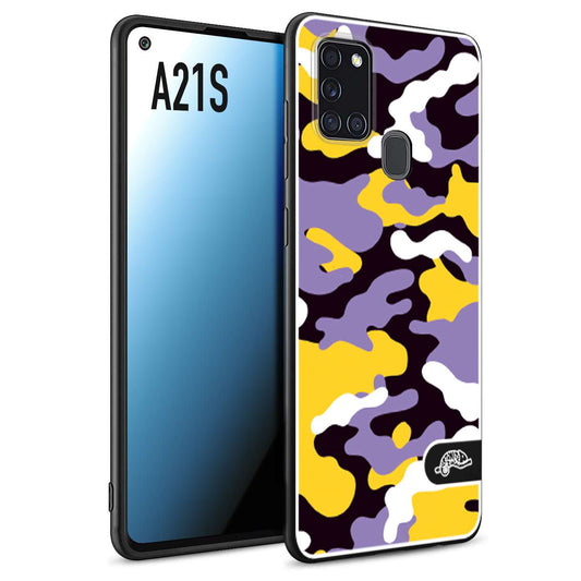 CUSTOMIZZA - Custodia cover nera morbida in tpu compatibile per Samsung A21S camouflage mimetico militare viola lilla giallo