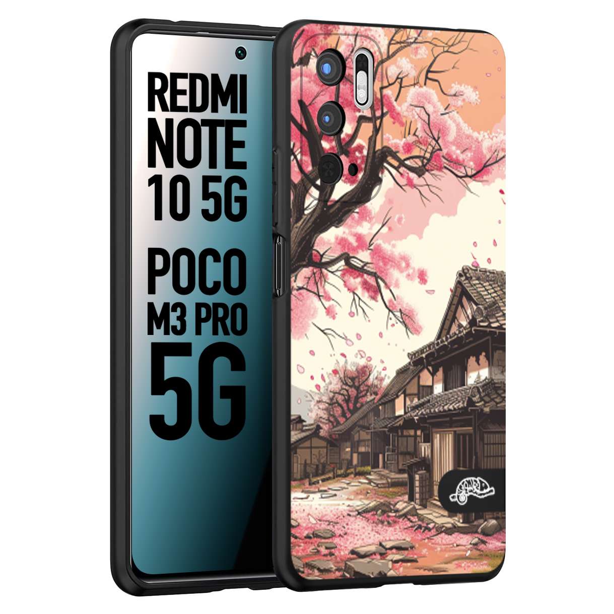 CUSTOMIZZA - Custodia cover nera morbida in tpu compatibile per Xiaomi Redmi Note 10 5G - Poco M3 Pro 5G casa giapponese rosa ciliegio in fiore disegnata tattoo