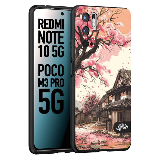 CUSTOMIZZA - Custodia cover nera morbida in tpu compatibile per Xiaomi Redmi Note 10 5G - Poco M3 Pro 5G casa giapponese rosa ciliegio in fiore disegnata tattoo