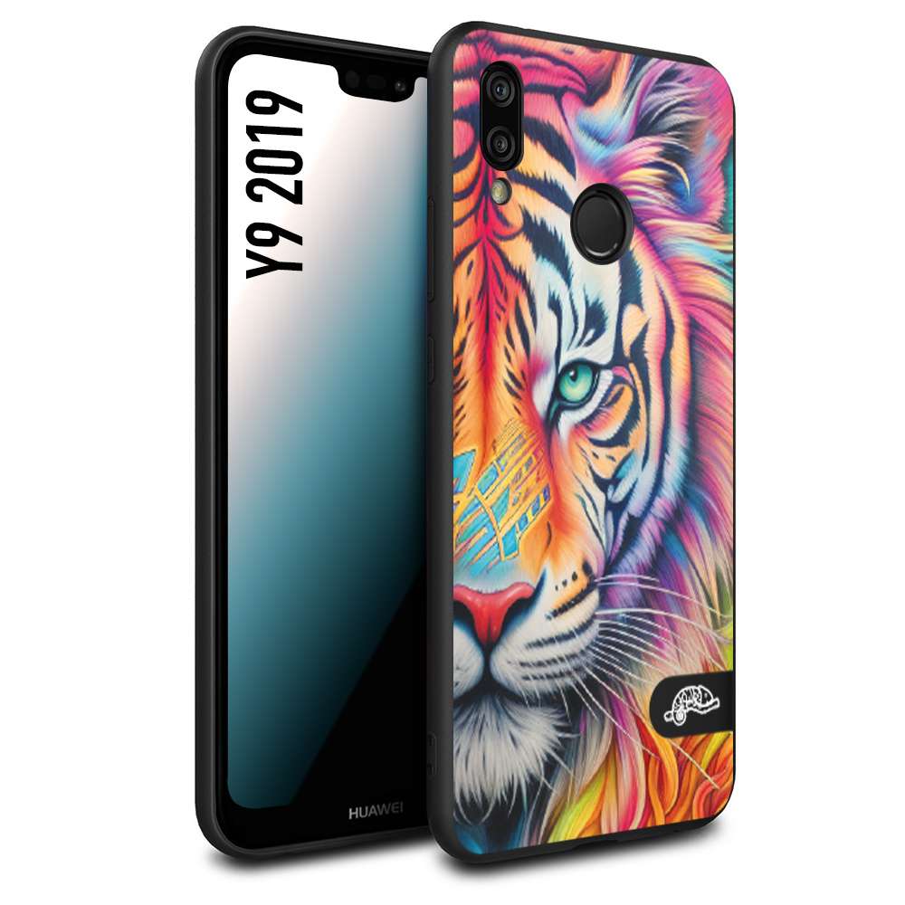 CUSTOMIZZA - Custodia cover nera morbida in tpu compatibile per Huawei Y9 2019 animali color tigre tiger viso colori vibranti disegnato schizzo