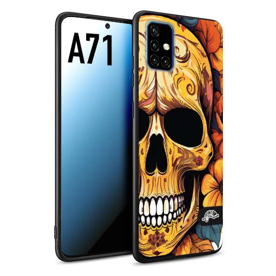 CUSTOMIZZA - Custodia cover nera morbida in tpu compatibile per Samsung A71 teschio messicano colorato dorato fiori autunnali disegnato