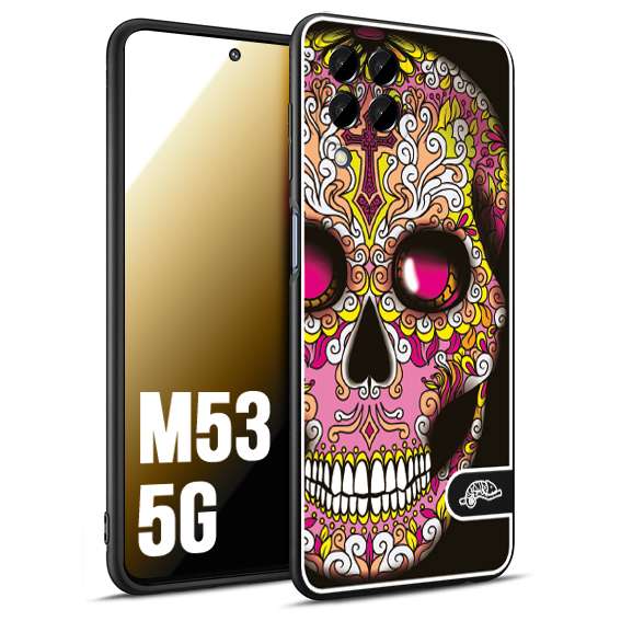 CUSTOMIZZA - Custodia cover nera morbida in tpu compatibile per Samsung M53 5G teschio messicano Mexican skull rosa gialla