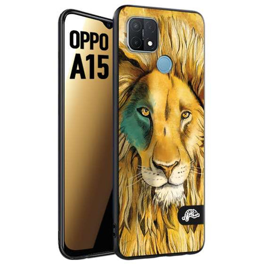 CUSTOMIZZA - Custodia cover nera morbida in tpu compatibile per Oppo A15 leone lion disegnato a mano giallo blu a rilievo artistico brown