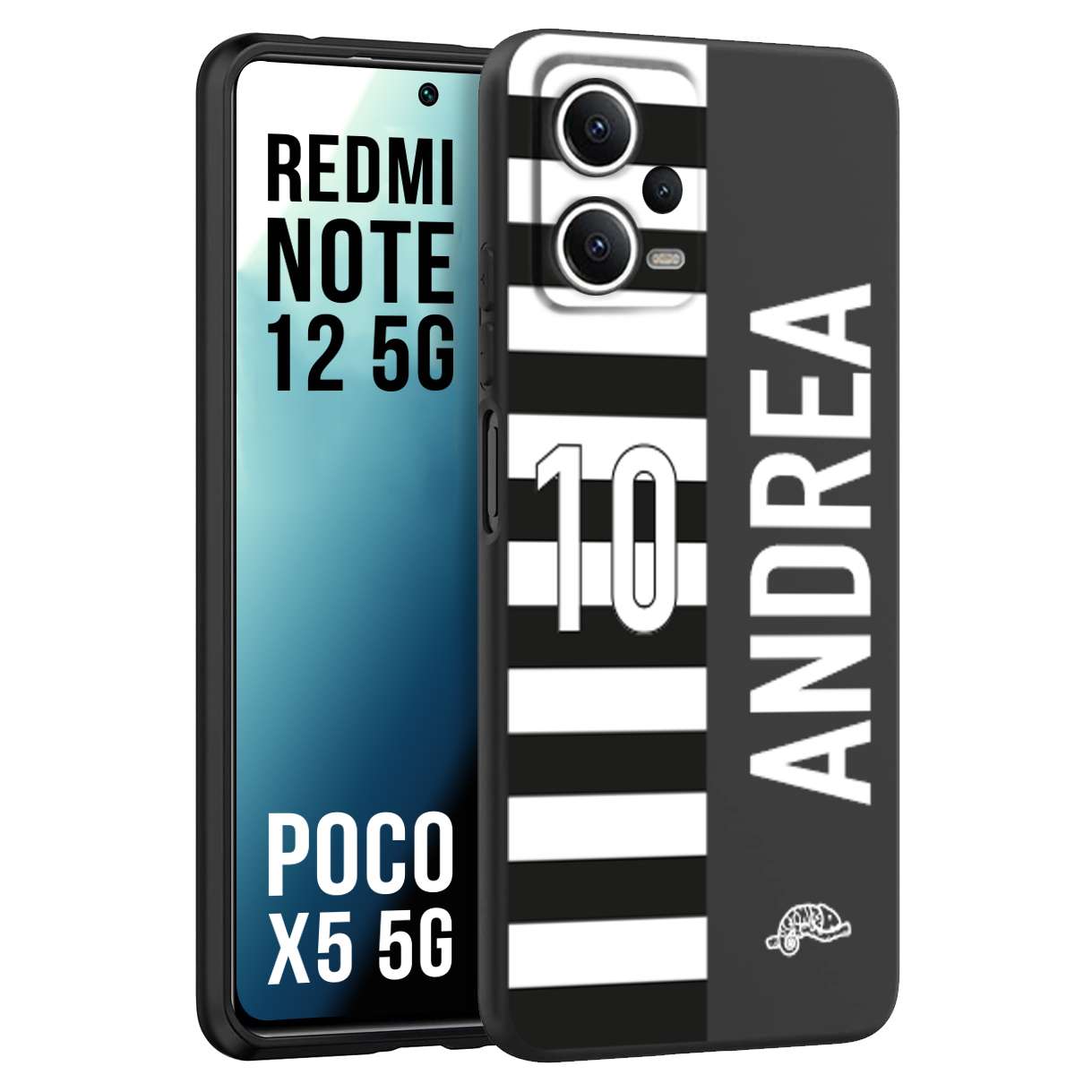 CUSTOMIZZA - Custodia cover nera morbida in tpu compatibile per Xiaomi Redmi Note 12 - POCO X5 5G personalizzata calcio football nome e numero calciatori bianconera