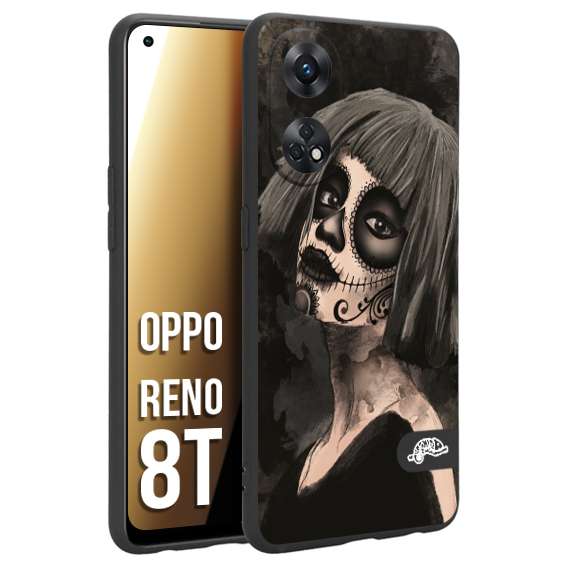 CUSTOMIZZA - Custodia cover nera morbida in tpu compatibile per Oppo Reno 8T chicana messicana dea de la muerte donna santa tattoo disegnata