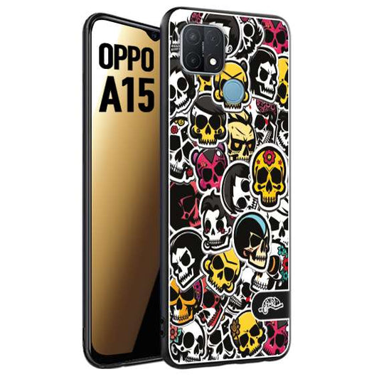 CUSTOMIZZA - Custodia cover nera morbida in tpu compatibile per Oppo A15 sticker bomb teschi colorati adesivi skulls skater snowboard