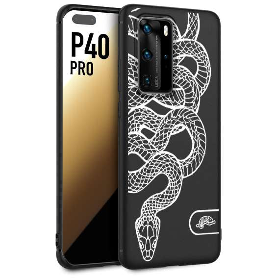 CUSTOMIZZA - Custodia cover nera morbida in tpu compatibile per Huawei P40 PRO serpente snake bianco a rilievo disegnato tattoo tatuaggio