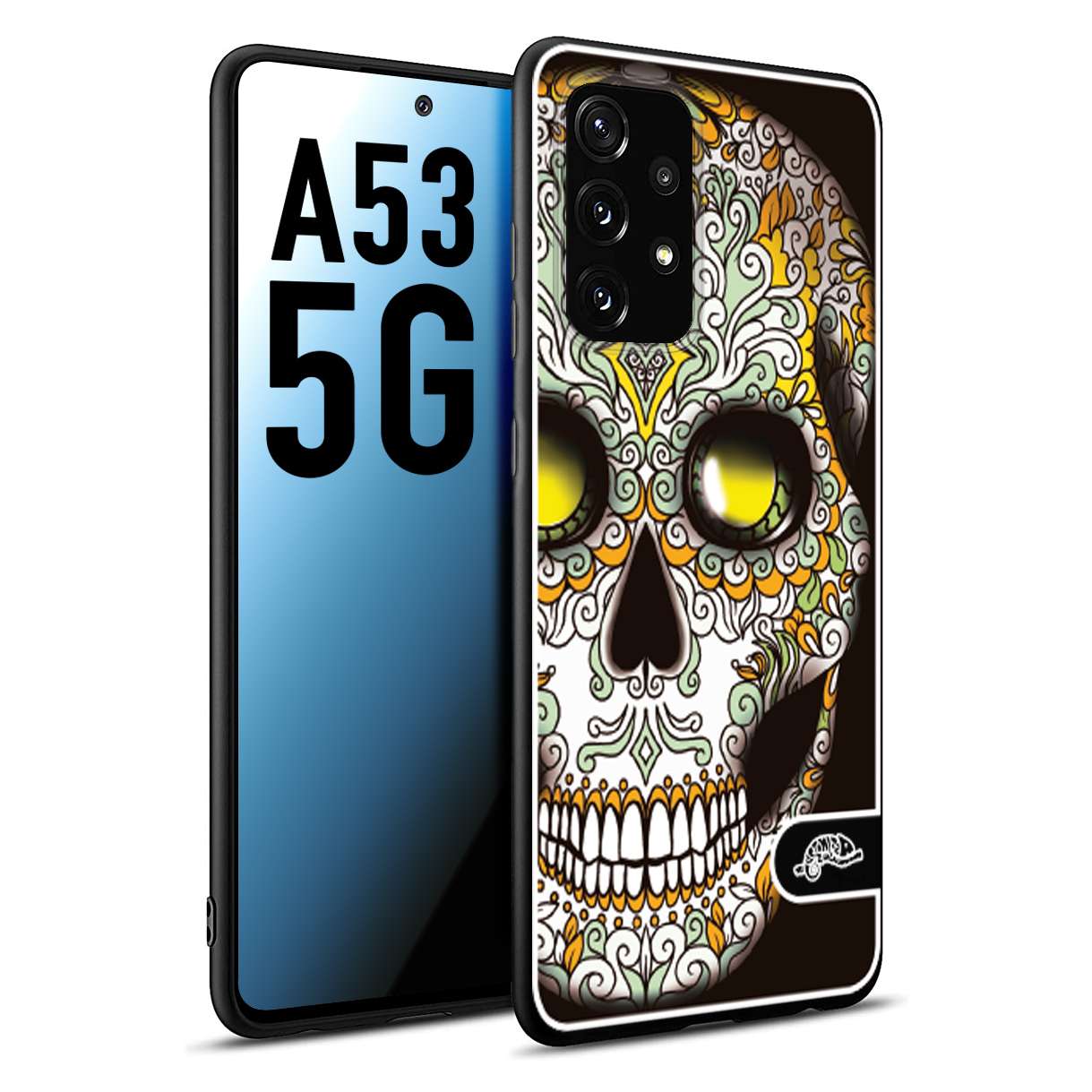 CUSTOMIZZA - Custodia cover nera morbida in tpu compatibile per Samsung A53 5G teschio messicano Mexican skull bianco verde giallo