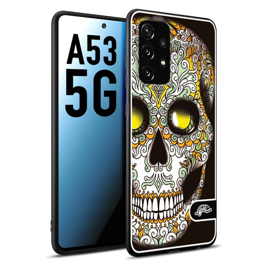 CUSTOMIZZA - Custodia cover nera morbida in tpu compatibile per Samsung A53 5G teschio messicano Mexican skull bianco verde giallo