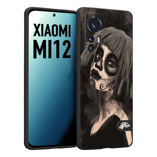 CUSTOMIZZA - Custodia cover nera morbida in tpu compatibile per Xiaomi 12 5G chicana messicana dea de la muerte donna santa tattoo disegnata