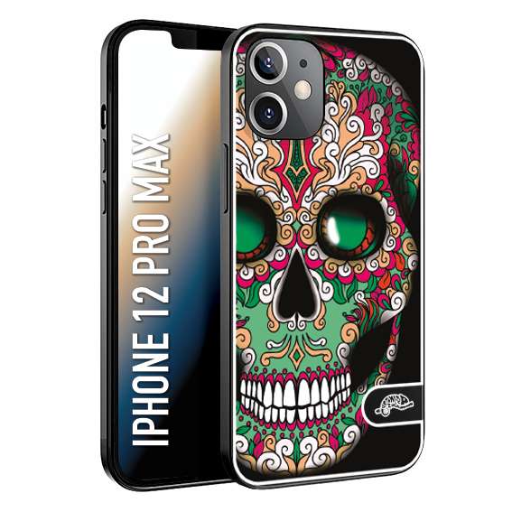 CUSTOMIZZA - Custodia cover nera morbida in tpu compatibile per iPhone 12 PRO MAX teschio messicano Mexican skull verde fucsia