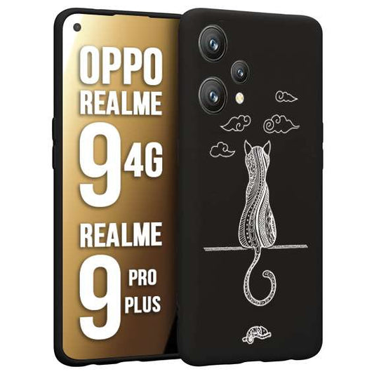 CUSTOMIZZA - Custodia cover nera morbida in tpu compatibile per Oppo Realme 9 4G - 9 PRO PLUS gatto mandala stilizzato gattino a rilievo soft touch donna bianca