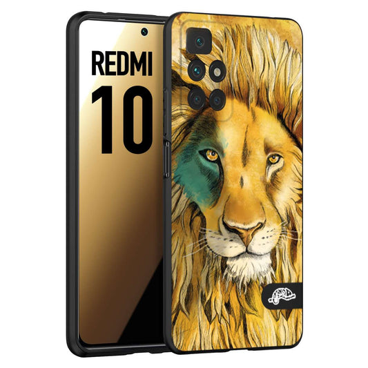 CUSTOMIZZA - Custodia cover nera morbida in tpu compatibile per Xiaomi Redmi 10 leone lion disegnato a mano giallo blu a rilievo artistico brown