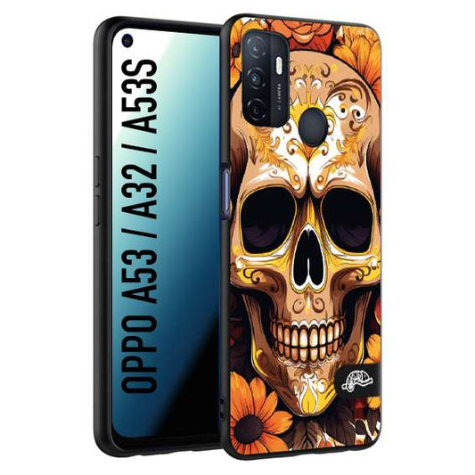 CUSTOMIZZA - Custodia cover nera morbida in tpu compatibile per Oppo A53 - A32 - A53S teschio messicano colorato dorato fiori tattoo disegnato