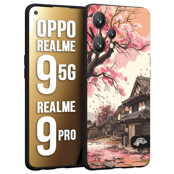 CUSTOMIZZA - Custodia cover nera morbida in tpu compatibile per Oppo Realme 9 5G - 9 PRO casa giapponese rosa ciliegio in fiore disegnata tattoo