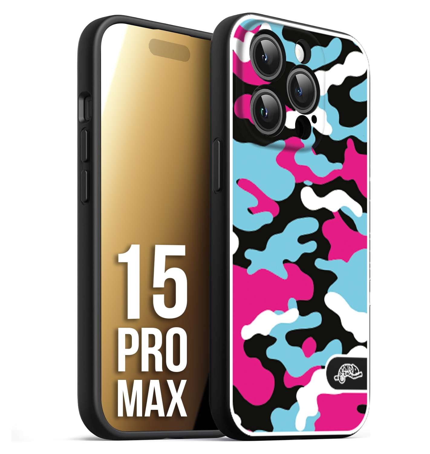 CUSTOMIZZA - Custodia cover nera morbida in tpu compatibile per iPhone 15 PRO MAX camouflage mimetico militare fucsia celeste