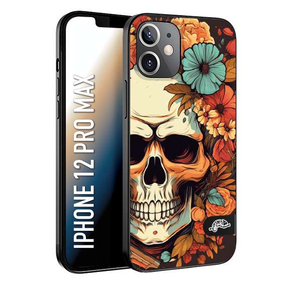 CUSTOMIZZA - Custodia cover nera morbida in tpu compatibile per iPhone 12 PRO MAX teschio skull flowers fiori autunnali arancio celeste tattoo