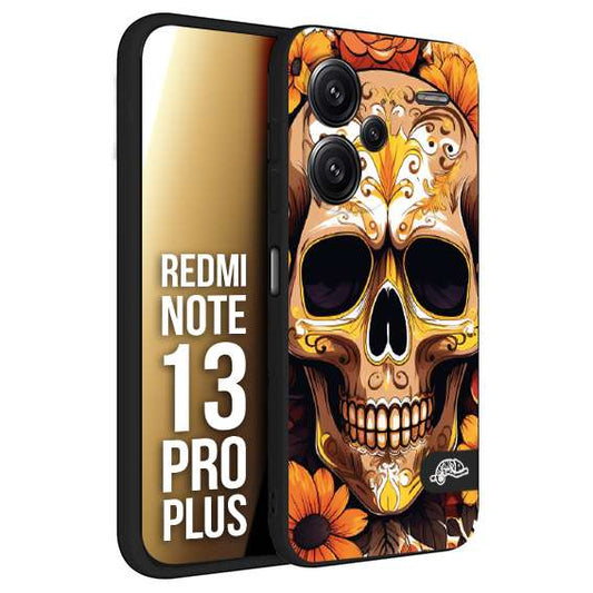 CUSTOMIZZA - Custodia cover nera morbida in tpu compatibile per Xiaomi Redmi Note 13 PRO PLUS teschio messicano colorato dorato fiori tattoo disegnato