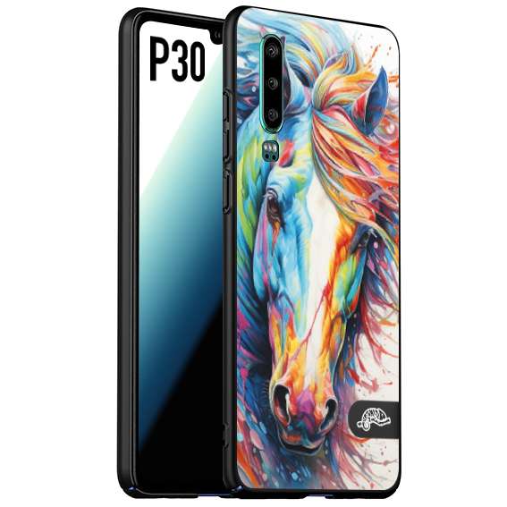 CUSTOMIZZA - Custodia cover nera morbida in tpu compatibile per Huawei P30 animali color cavallo horse viso colori vibranti disegnato schizzo