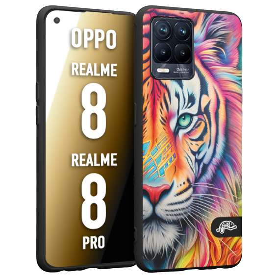 CUSTOMIZZA - Custodia cover nera morbida in tpu compatibile per Oppo Realme 8 - 8 PRO animali color tigre tiger viso colori vibranti disegnato schizzo