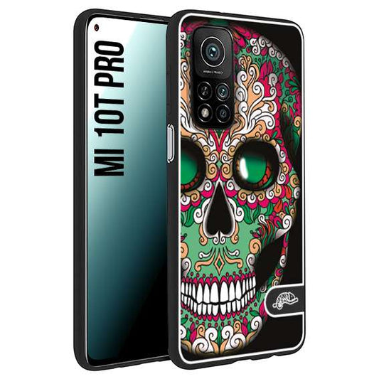 CUSTOMIZZA - Custodia cover nera morbida in tpu compatibile per Xiaomi Mi 10T PRO teschio messicano Mexican skull verde fucsia