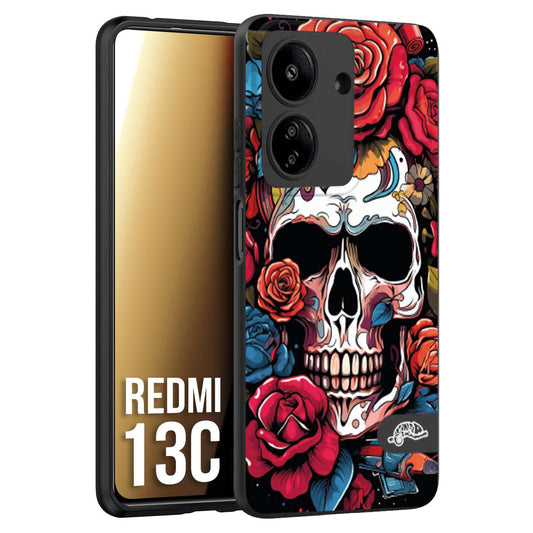 CUSTOMIZZA - Custodia cover nera morbida in tpu compatibile per Xiaomi Redmi 13C teschio skull flowers fiori rose rosse tattoo disegnato