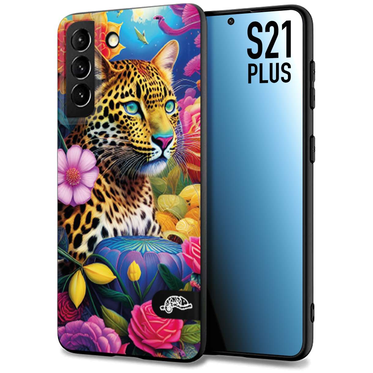 CUSTOMIZZA - Custodia cover nera morbida in tpu compatibile per Samsung S21 PLUS fiori astratti donna flower fantasia leopardo ghepardo animali colorati