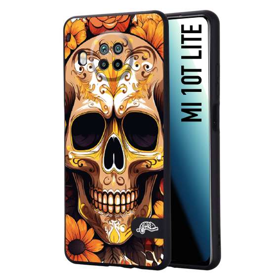 CUSTOMIZZA - Custodia cover nera morbida in tpu compatibile per Xiaomi Mi 10T LITE teschio messicano colorato dorato fiori tattoo disegnato