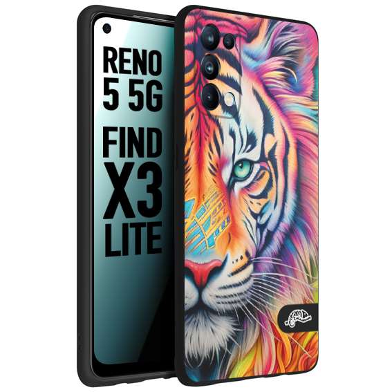 CUSTOMIZZA - Custodia cover nera morbida in tpu compatibile per Oppo Reno 5 5G animali color tigre tiger viso colori vibranti disegnato schizzo