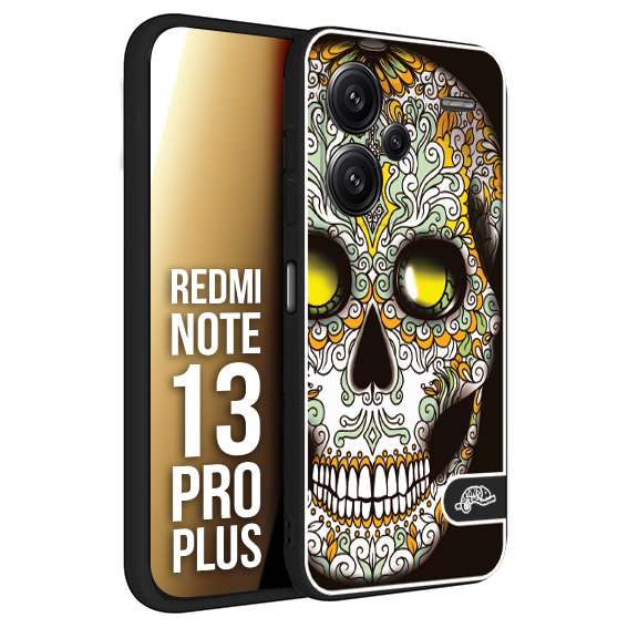 CUSTOMIZZA - Custodia cover nera morbida in tpu compatibile per Xiaomi Redmi Note 13 PRO PLUS teschio messicano Mexican skull bianco verde giallo