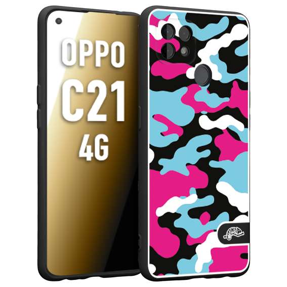 CUSTOMIZZA - Custodia cover nera morbida in tpu compatibile per Oppo Realme C21 4G camouflage mimetico militare fucsia celeste