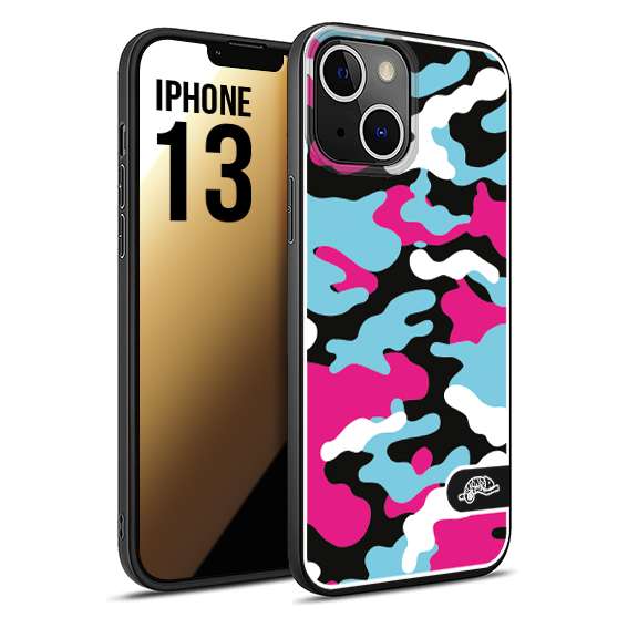 CUSTOMIZZA - Custodia cover nera morbida in tpu compatibile per iPhone 13 camouflage mimetico militare fucsia celeste