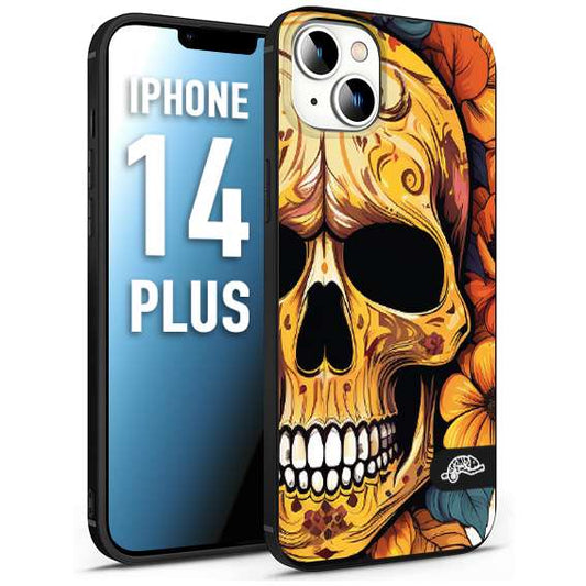 CUSTOMIZZA - Custodia cover nera morbida in tpu compatibile per iPhone 14 PLUS teschio messicano colorato dorato fiori autunnali disegnato