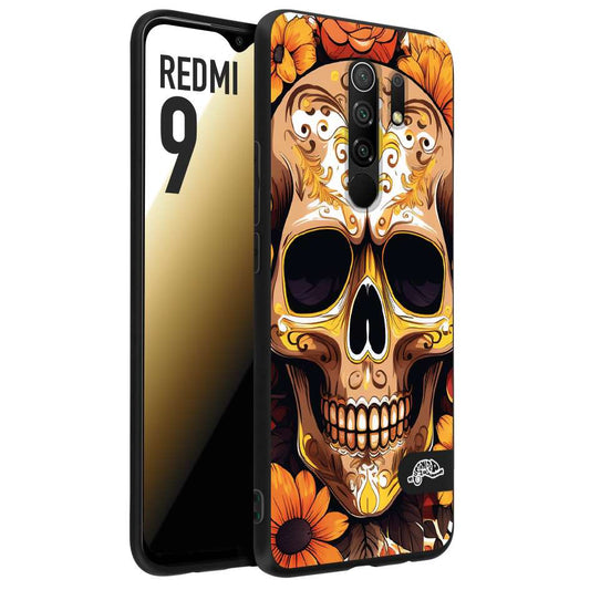 CUSTOMIZZA - Custodia cover nera morbida in tpu compatibile per Xiaomi Redmi 9 teschio messicano colorato dorato fiori tattoo disegnato