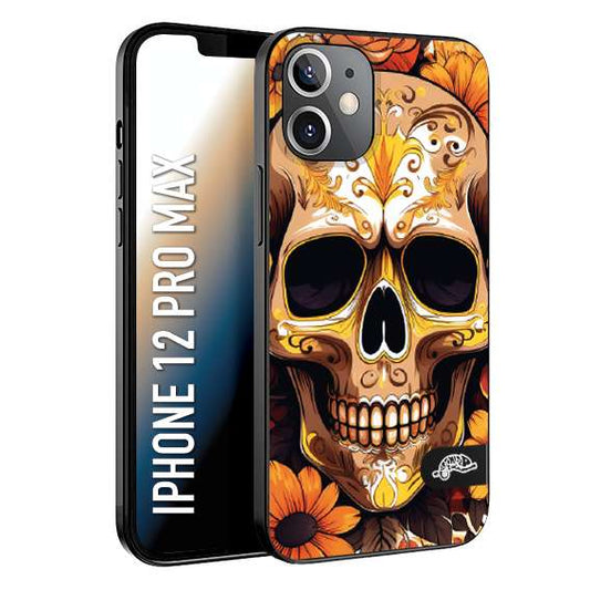 CUSTOMIZZA - Custodia cover nera morbida in tpu compatibile per iPhone 12 PRO MAX teschio messicano colorato dorato fiori tattoo disegnato