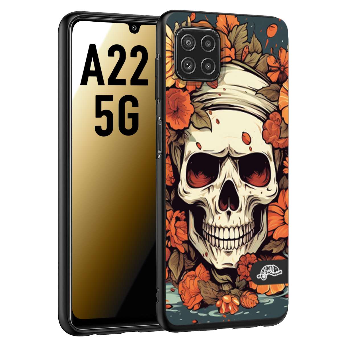 CUSTOMIZZA - Custodia cover nera morbida in tpu compatibile per Samsung A22 5G teschio skull flowers fiori tattoo disegnato alta definizione