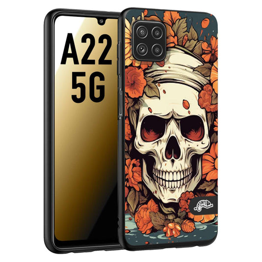 CUSTOMIZZA - Custodia cover nera morbida in tpu compatibile per Samsung A22 5G teschio skull flowers fiori tattoo disegnato alta definizione